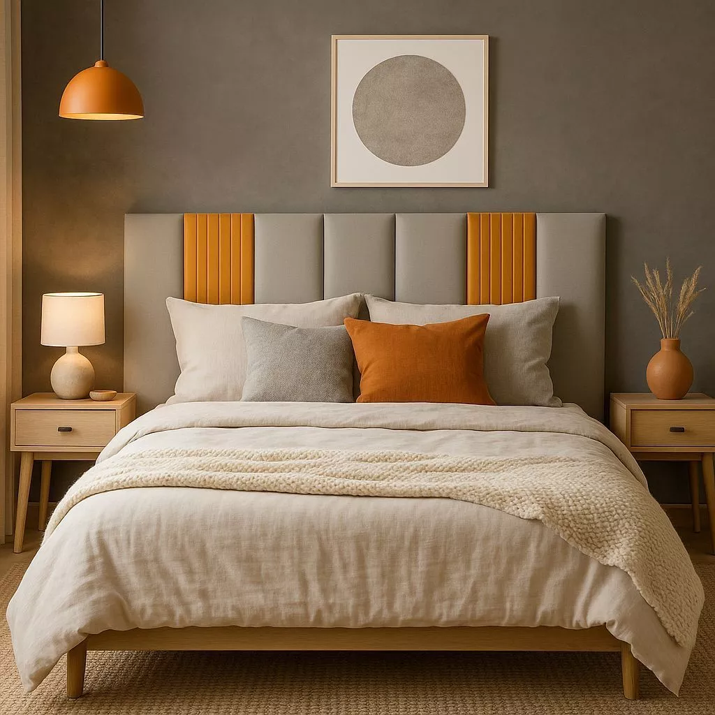 Cabeceira estofada  moderna instalada em cama box de casal.