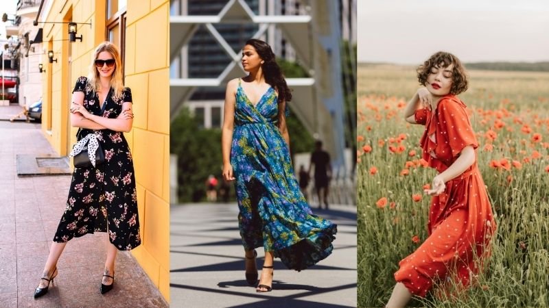 mulheres com vestido midi floral tendência de moda primavera-verão
