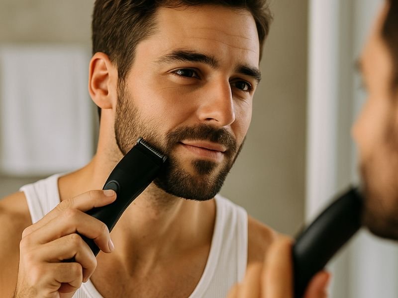 homem de frente para o espelho aparando a barba com aparador de pelos elétrico