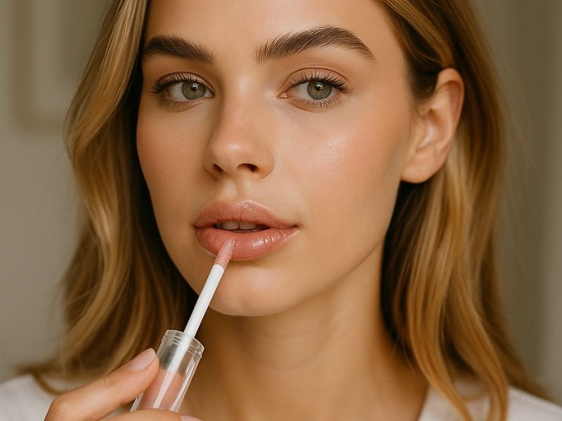 mulher usando gloss labial hidratante