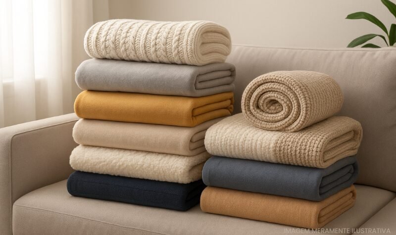 Mantas e cobertores dobrados em diferentes texturas e cores sobre sofá claro, composição aconchegante para decoração de sala.