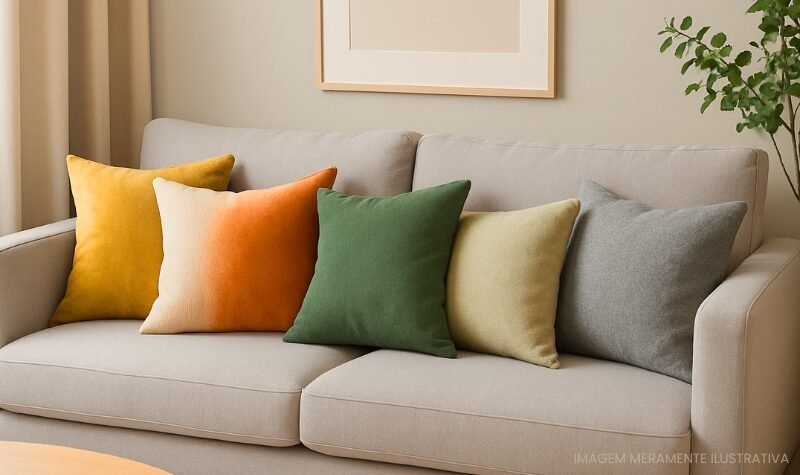 Sofá cinza claro com seis almofadas decorativas de cores e texturas diferentes, organizadas lado a lado em um ambiente de sala aconchegante.