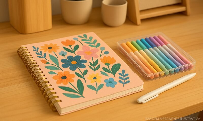 Caderno com capa floral e conjunto de canetas coloridas sobre mesa de madeira, cenário perfeito para estudos e organização pessoal.