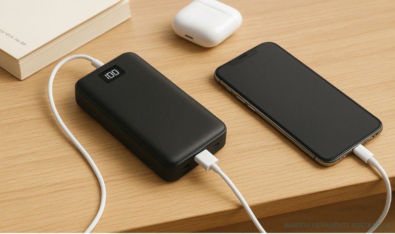 Carregador portátil power bank em mesa de madeira clara, conectado a um smartphone, com fone e livro ao lado.