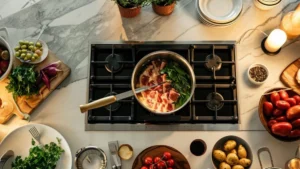 Cozinha planejada moderna com cooktop 5 bocas instalado na bancada