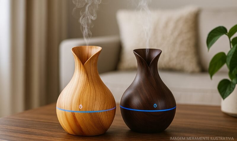Difusores de aroma em acabamento madeira liberando vapor sobre mesa, com sala aconchegante ao fundo, ideal para decoração e bem-estar.