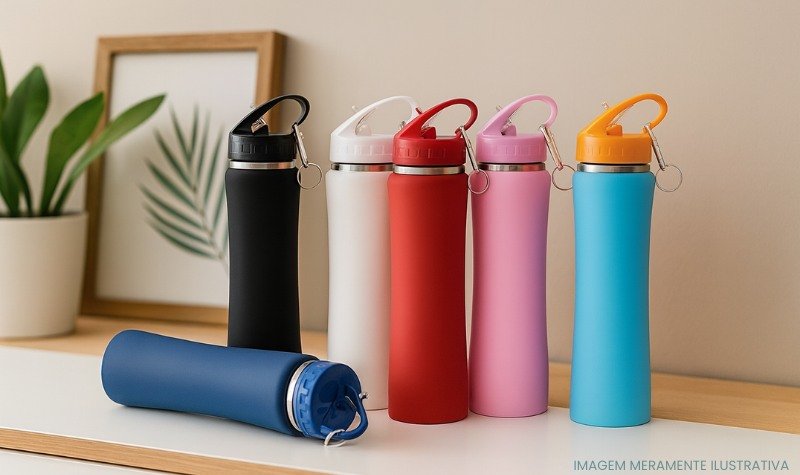 Conjunto de garrafas térmicas coloridas organizadas sobre uma superfície clara, com elementos decorativos ao fundo.