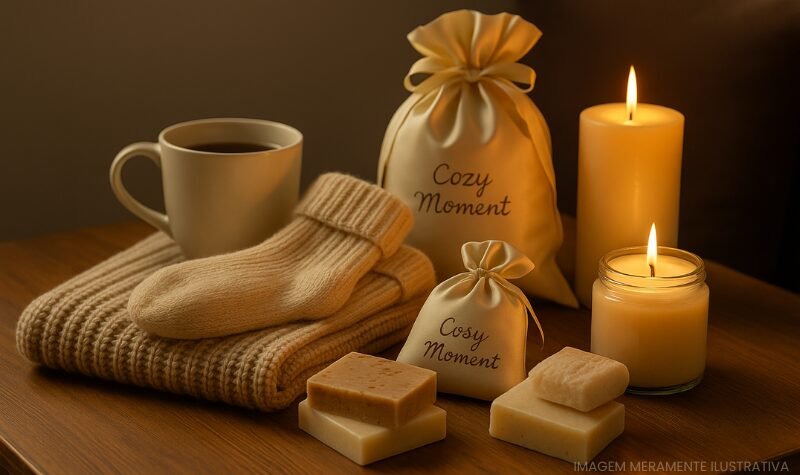 Kit relax sofisticado com meias aconchegantes, manta de tricô, sabonetes artesanais, sachês de cetim e velas acesas sobre mesa de madeira, criando um ambiente acolhedor e elegante.