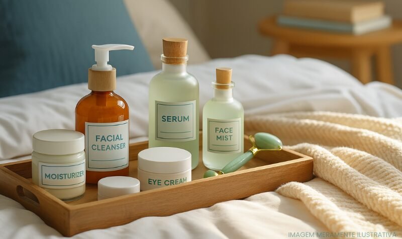 Kit de skincare organizado em bandeja de madeira sobre a cama, com sérum, hidratante, tônico facial e roller para cuidados com a pele.