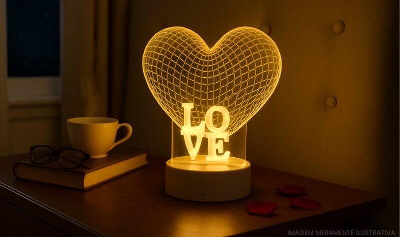 Luminária decorativa em formato de coração com luz amarela quente sobre uma mesa de cabeceira, ao lado de um livro, óculos e uma xícara, em um ambiente noturno acolhedor.