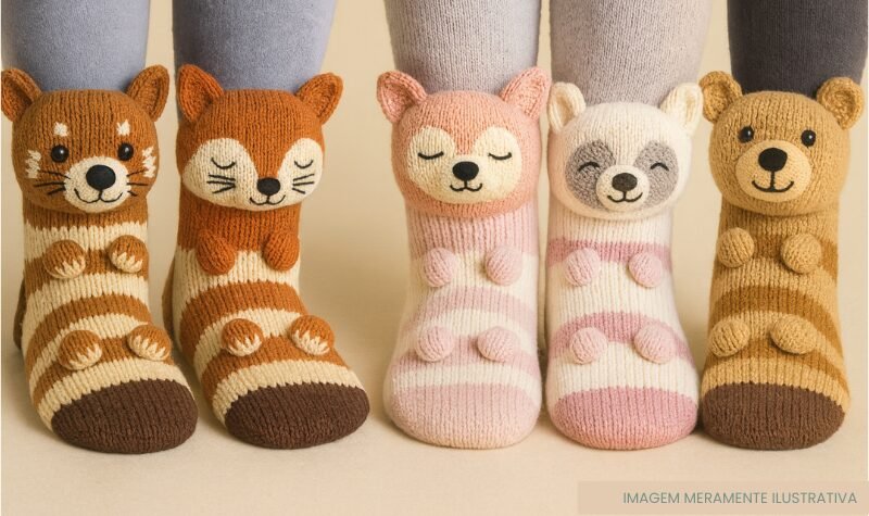 Vários pares de meias divertidas de tricô com formato de animais, em diferentes cores e expressões, sendo usadas nos pés de pessoas, sobre um fundo neutro.