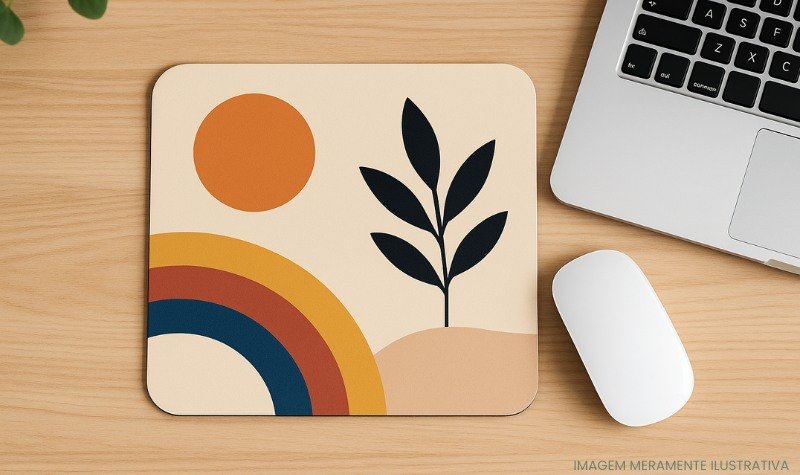 Mouse pad criativo em destaque sobre mesa de madeira clara, acompanhado por mouse branco e parte de um notebook.