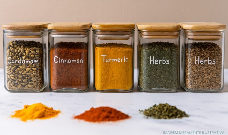 Potes herméticos de vidro com tampas de bambu organizados sobre bancada, cada um contendo diferentes temperos coloridos expostos em destaque.