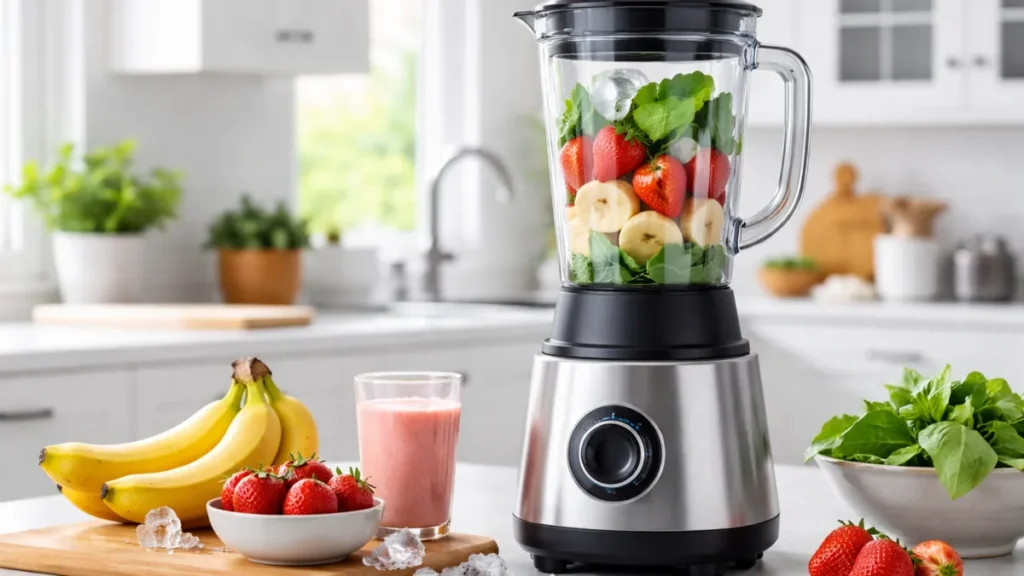 Melhores liquidificadores de 2025 em bancada de cozinha com frutas e ingredientes para vitaminas