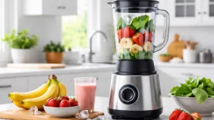 Melhores liquidificadores de 2025 em bancada de cozinha com frutas e ingredientes para vitaminas