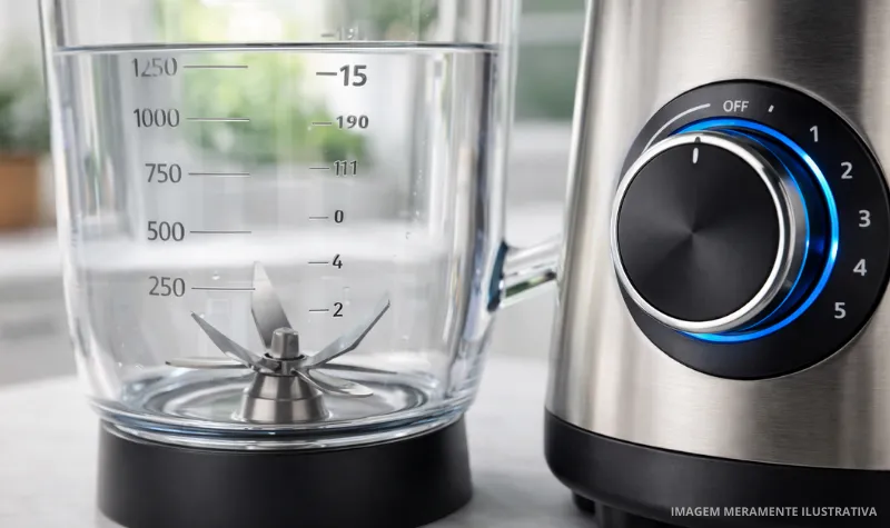 Painel e jarra de liquidificador mostrando critérios para escolher o melhor modelo em 2025