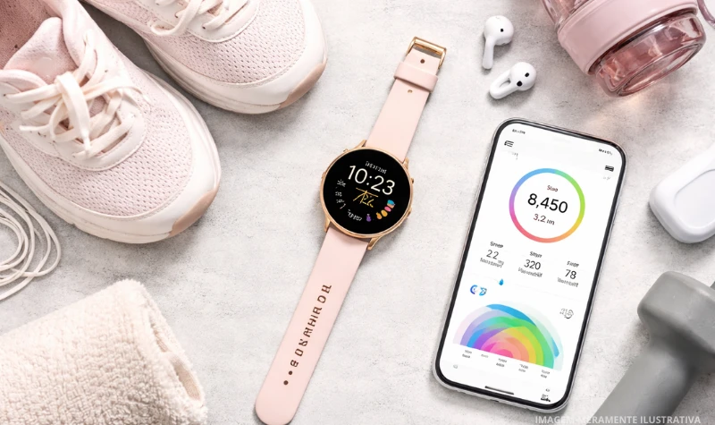 Smartwatch ao lado do celular e itens de treino, mostrando critérios para escolher relógio inteligente até 400 reais
