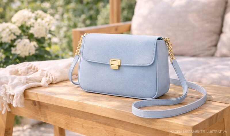 Bolsa crossbody feminina modelo envelope azul claro elegante com corrente dourada