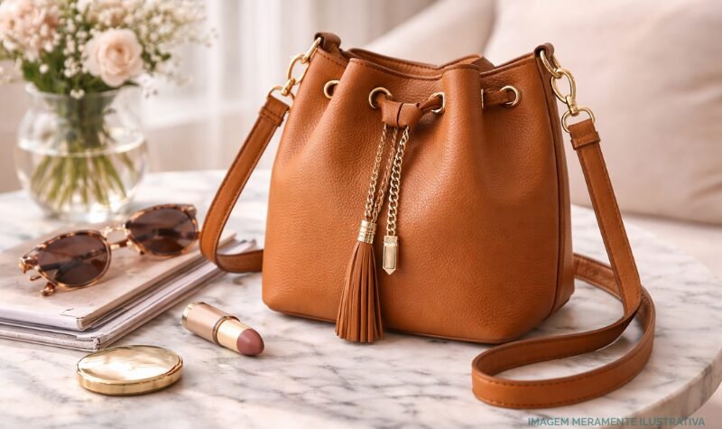Bolsa crossbody feminina tipo bucket em couro caramelo estilo moderno
