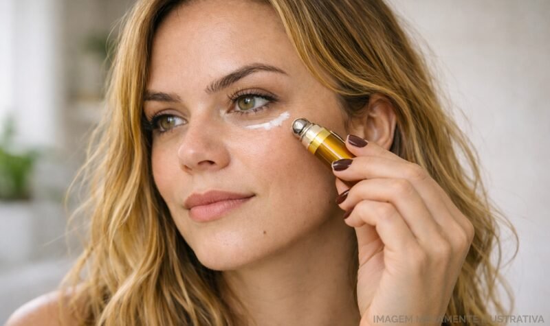 Aplicação de creme com cafeína para olheiras em rotina de skincare detox