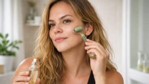 Mulher fazendo skincare detox com rolo facial para desinchar o rosto